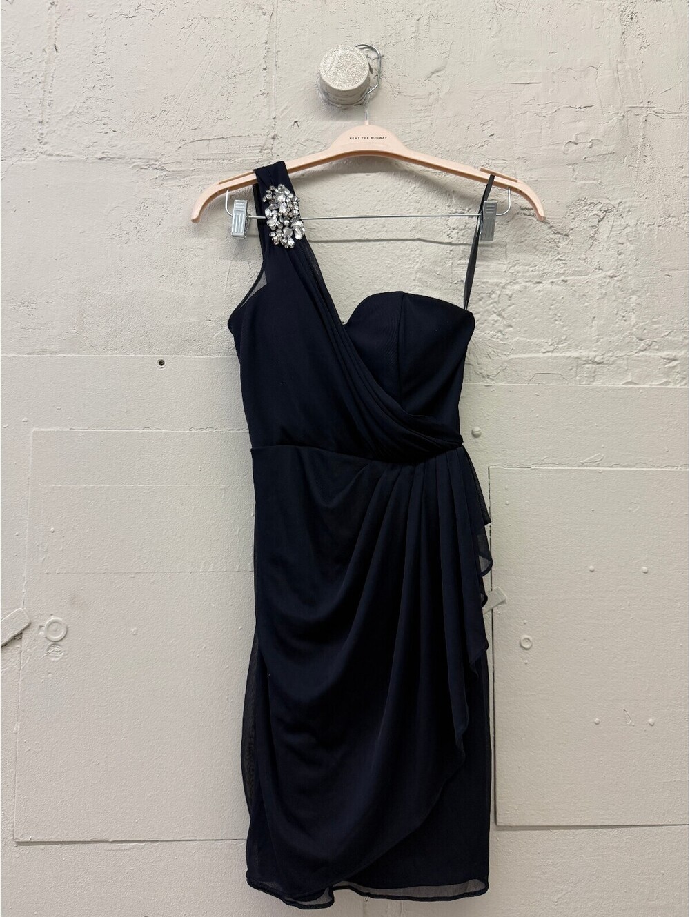 True vintage Xscape Black One-Shoulder Cocktail Dress with Rhinestone Detail